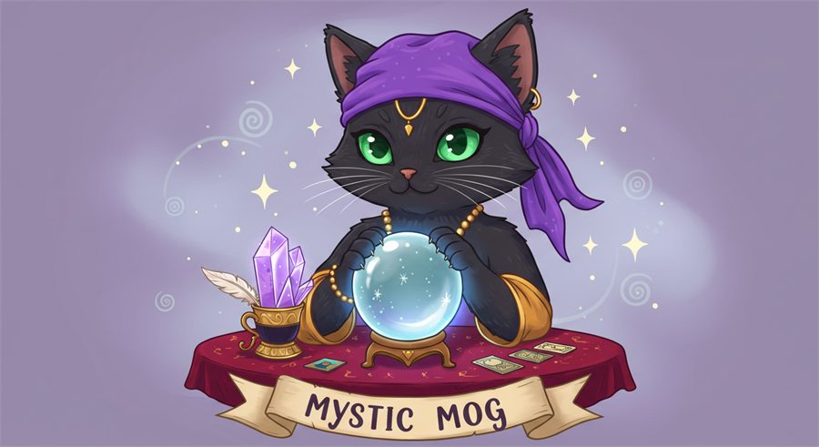 Mystic Mog, a black cat fortune-teller with a crystal ball