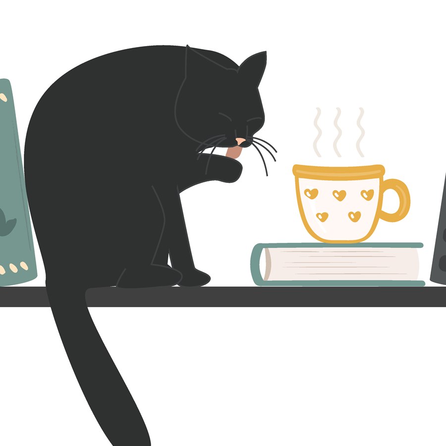 A black cat washing its paw on a bookshelf beside a steaming mug of tea